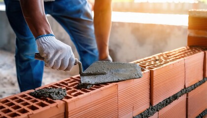 A construction worker uses a trowel to lay bricks on a wall.