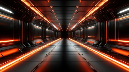 Naklejka premium A futuristic corridor illuminated by orange lights, showcasing sleek, metallic surfaces and a sense of depth.