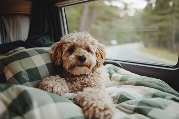 Camper van with a pet dog lounging on the bed