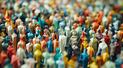 Fototapeta premium Large crowd of diverse people depicted in an origami style inside a town
