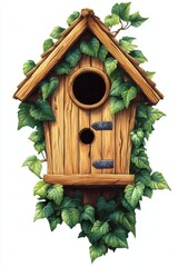 A charming wooden birdhouse entwined with lush green ivy, perfect for enhancing outdoor decor and nature-themed projects, white background
