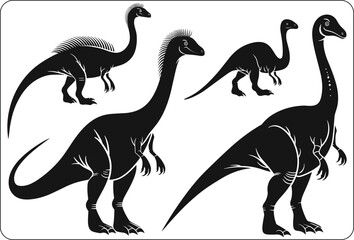 Digital illustration of a set of silhouettes of dinosaurs on a white background, Big set of dinosaurs silhouettes.