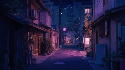 A serene, dimly lit alleyway in an urban setting, evoking a sense of tranquility and mystery at night.