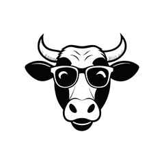 a black and white illustration of a cow's head. The cow has two large horns on its head and is wearing a pair of sunglasses