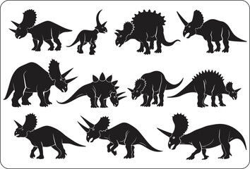 Digital illustration of a set of silhouettes of dinosaurs on a white background, Big set of dinosaurs silhouettes.