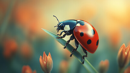 Obraz premium A close-up of a ladybug climbing up a blade of grass, with the background softly blurred with flowers