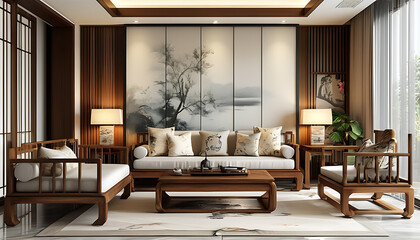 Modern and comfortable living room design with Chinese furniture style.