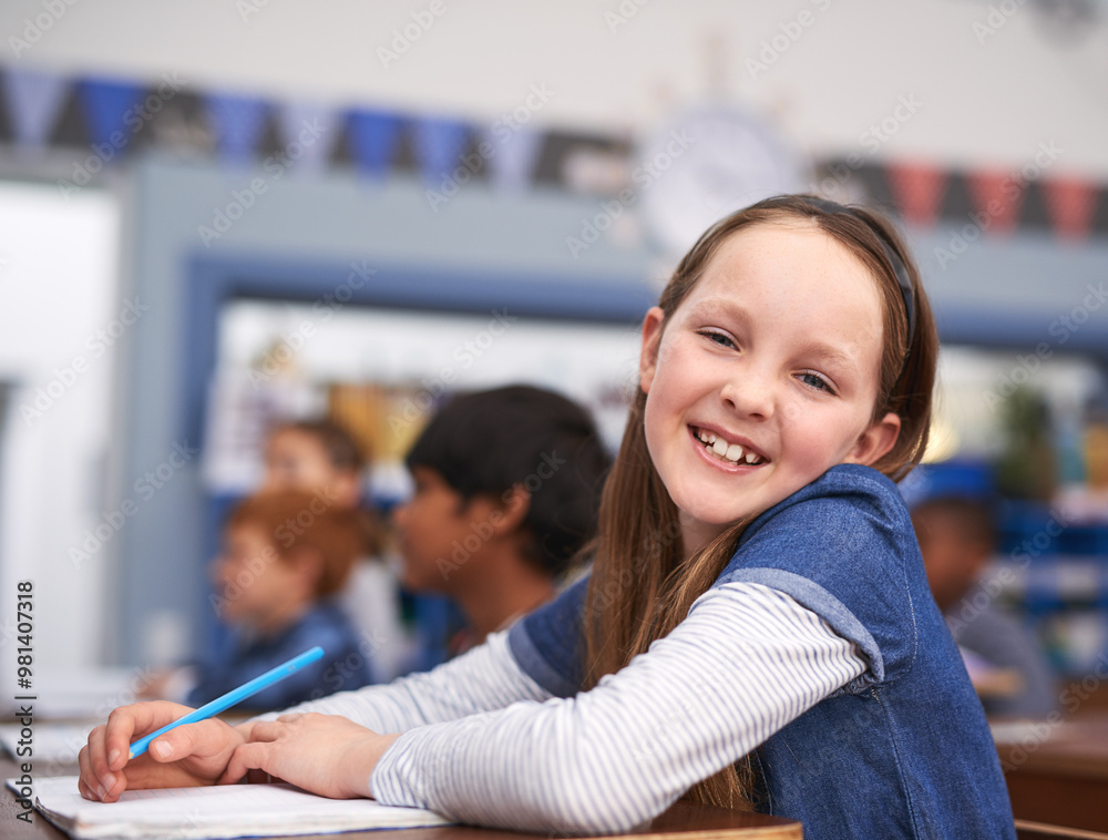 Poster Portrait, smile and girl in classroom for lesson in growth, child development and notebook for education. Happy, learning and face of student with exam notes, knowledge and study at elementary school
