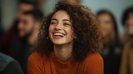 Fototapeta premium lively gathering featuring a woman laughing in front of a group ideal for capturing the essence of cheerful moments and social interaction