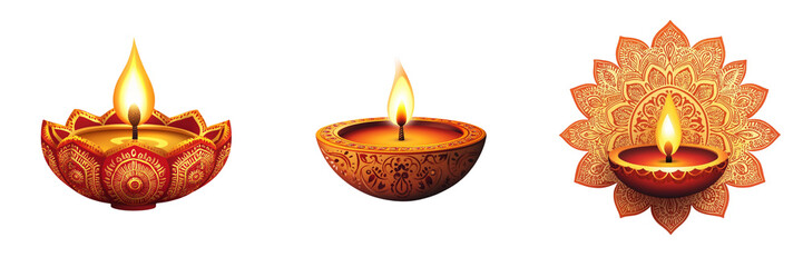 Set of A festive Diwali greeting card with traditional motifs and a lit diya isolated on transparent background