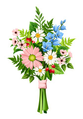 Obraz premium Bouquet of pink, blue, and white wild flowers and green leaves isolated on a white background. Vector illustration