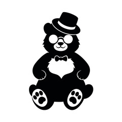 a black and white illustration of a teddy bear sitting on its hind legs. The bear is wearing a top hat and glasses, and has a pair of paw prints on its feet 