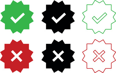 Approved and Rejected Stamp Icons. Green Approved stamp and red Rejected icon with medal design. Perfect for validation, approval, and rejection indicators.