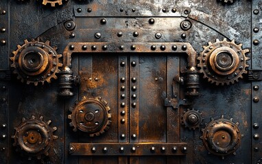 A metallic door adorned with gears and rivets, suggesting a steampunk aesthetic and industrial design.