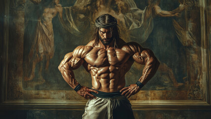 A muscular depiction of Jesus in a bodybuilder pose, standing before an ancient mural