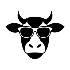 a black and white illustration of a cow's head. The cow has two large horns on its head and is wearing a pair of sunglasses