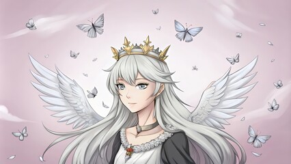 A Woman with Silver Hair, Angel Wings, and a Crown, Surrounded by Butterflies