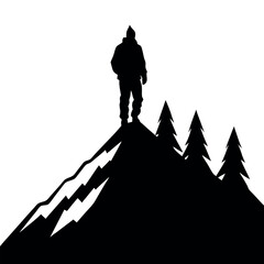 a black silhouette of a person standing on top of a mountain. The person is facing away from the camera and appears to be looking towards the right side of the image