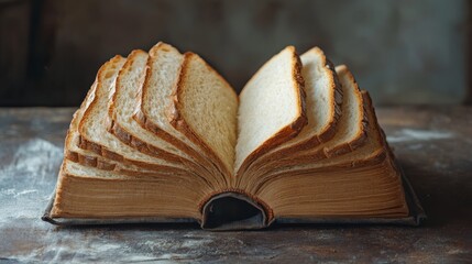 This is a creative representation of a book made from slices of bread, blending surrealism with culinary art, showcasing the fusion of literature and food that captivates the senses
