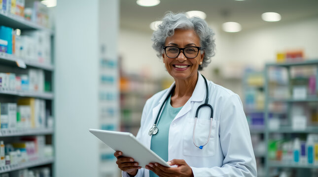 A friendly healthcare professional in a lab coat and glasses smiles while holding a tablet in a pharmacy filled with various medications and products.