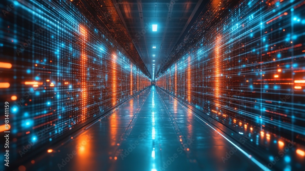 Poster futuristic logistics hub utilizing robotic process automation in a high-tech data center environment