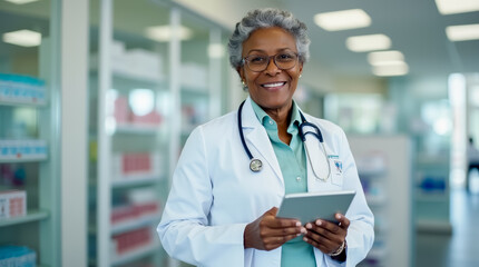 A healthcare professional smiles warmly while holding a tablet, dressed in a white coat with a stethoscope draped around her neck, in a modern clinic setting.