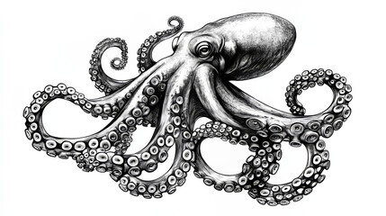 Obraz premium A detailed drawing of an octopus tentacle, perfect for a seafood-themed t-shirt design. The illustration is done in black and white, giving it a vintage, engraved look.