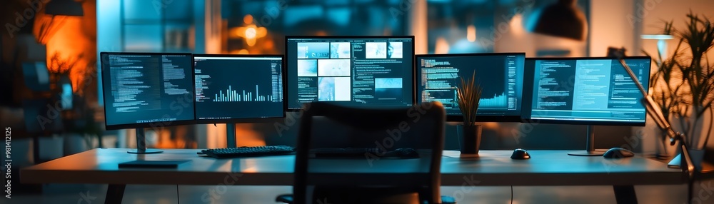Fototapete modern workspace with multiple screens displaying data analytics and programming in a dimly lit offi