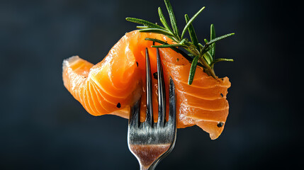 A fork holding a piece of smoked salmon. The fish is garnished with rosemary and photographed against a dark background.
