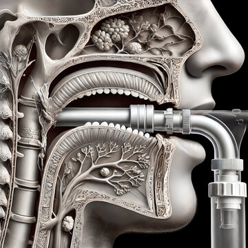 3D Model tracheal anatomy: tracheal intubation, where a breathing tube is inserted into the trachea to maintain an open airway. tube passing through the mouth and larynx into the trachea.