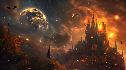 Fototapeta premium Fantasy landscape with castle, moon and flying bats. Halloween background