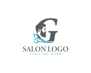 Modern Letter G Salon Logo with Scissors and Man's Face Profile. Creative Hair Salon Branding logo design template.
