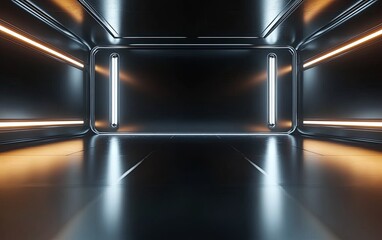 Naklejka premium A sleek, futuristic interior space with illuminated walls, designed for modern aesthetics or sci-fi settings.