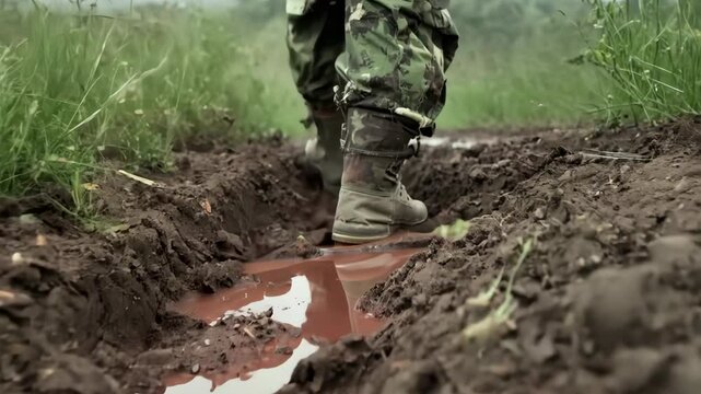 Soldier trudges through muddy terrain during training exercises in a dense forest during early morning hours