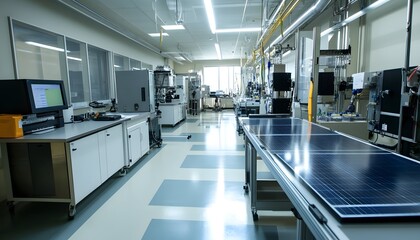 Obraz premium A modern lab featuring advanced machinery, clean surfaces, and ample natural light, ideal for scientific research and innovation.