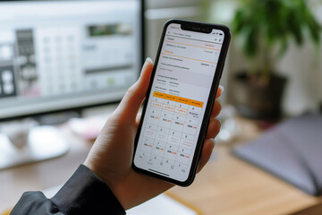 A hand holding a smartphone with a time management app open, showcasing a well-organized schedule and to-do list on blurred office background.