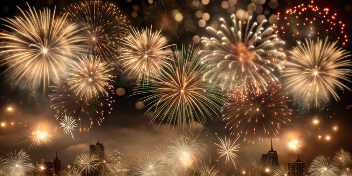Brilliant fireworks display over a city skyline at night, celebrating an event, copy space.