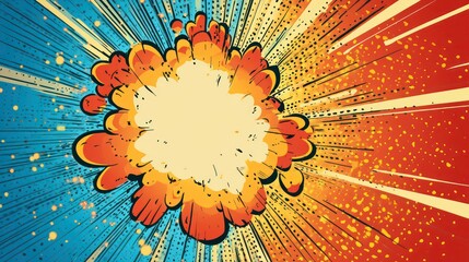 A bright comic book explosion with yellow, orange, and blue colors, white center space, and a halftone pattern.