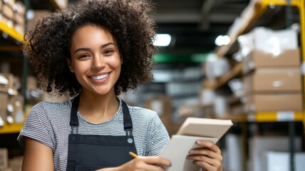 A woman with curly hair is smiling and holding a clipboard
