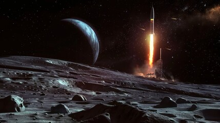 Rocket Launch from Moon Base: A rocket launches from a high-tech moon base, with the rocket's engines emitting a fiery exhaust as it ascends.