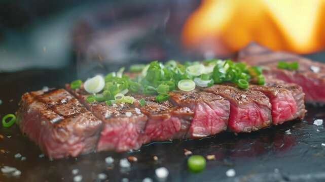 Grilled wagyu beef moves with smoke around