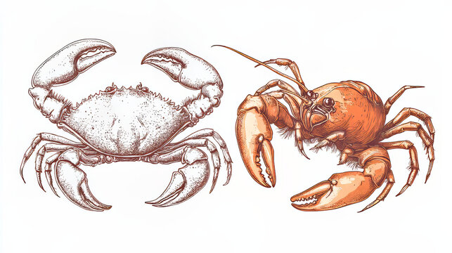 recommend clip art: A hand-drawn picture of a crab and lobster, perfect for seafood menus or coastal decorations.  The illustration shows the delicious seafood against a white background.