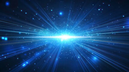 Abstract background with blue lights and rays, glowing particles on dark blue.