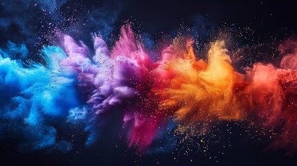 colorful rainbow holi paint color big double powder explosion isolated on dark black wide panorama background. peace rgb beautiful party concept 