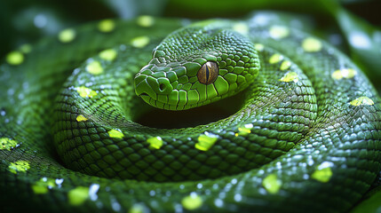 Obraz premium Vibrant Green Snake with Intricate Scales Coiled Gracefully in Circular Shape