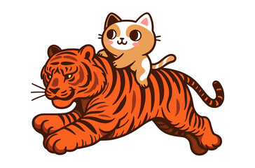 cute cat riding a tiger funny illustration
