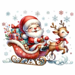 Cute Santa riding a festive sleigh pulled by two reindeer, surrounded by snowflakes and holiday flowers. The sleigh is filled with colorful presents, creating a whimsical Christmas scene.