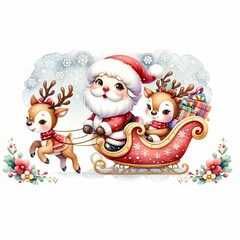 Cute Santa riding a festive sleigh pulled by two reindeer, surrounded by snowflakes and holiday flowers. The sleigh is filled with colorful presents, creating a whimsical Christmas scene.