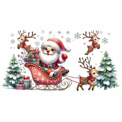 Santa Claus riding a festive sleigh filled with presents, pulled by joyful reindeer through a snowy landscape with decorated Christmas trees. A whimsical, cheerful holiday scene with snowflakes.