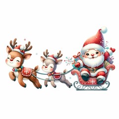 Cute Santa riding a festive sleigh pulled by two reindeer, surrounded by snowflakes and holiday flowers. The sleigh is filled with colorful presents, creating a whimsical Christmas scene.